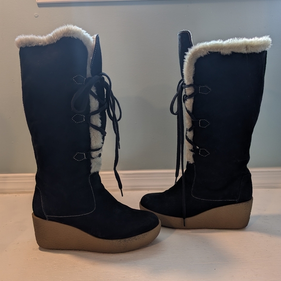Michael Kors Lace Up Shearling Wedge Black Suede Mid Calf Winter Boots Women's 7 - Picture 2 of 11